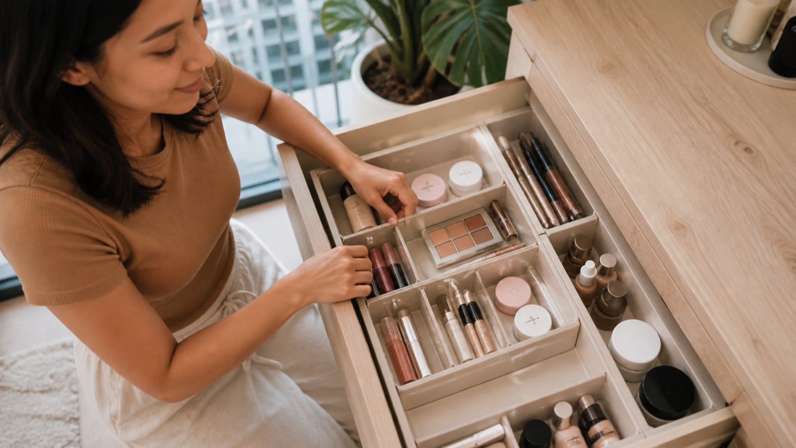 Creator organizing cosmetics with drawer dividers
