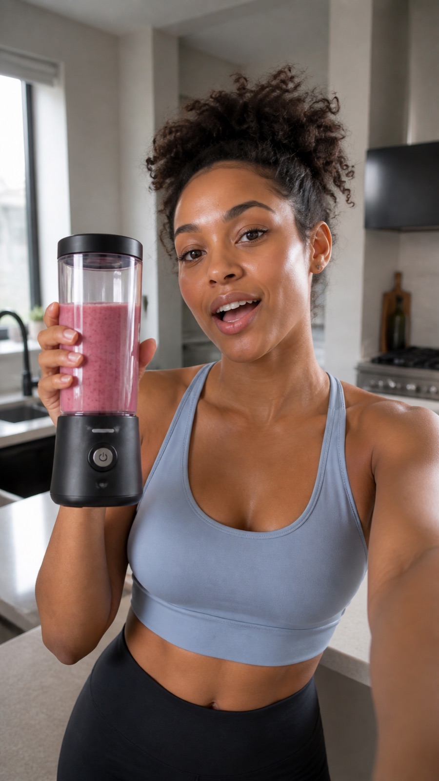 TikTok creator demonstrating a portable blender in her kitchen