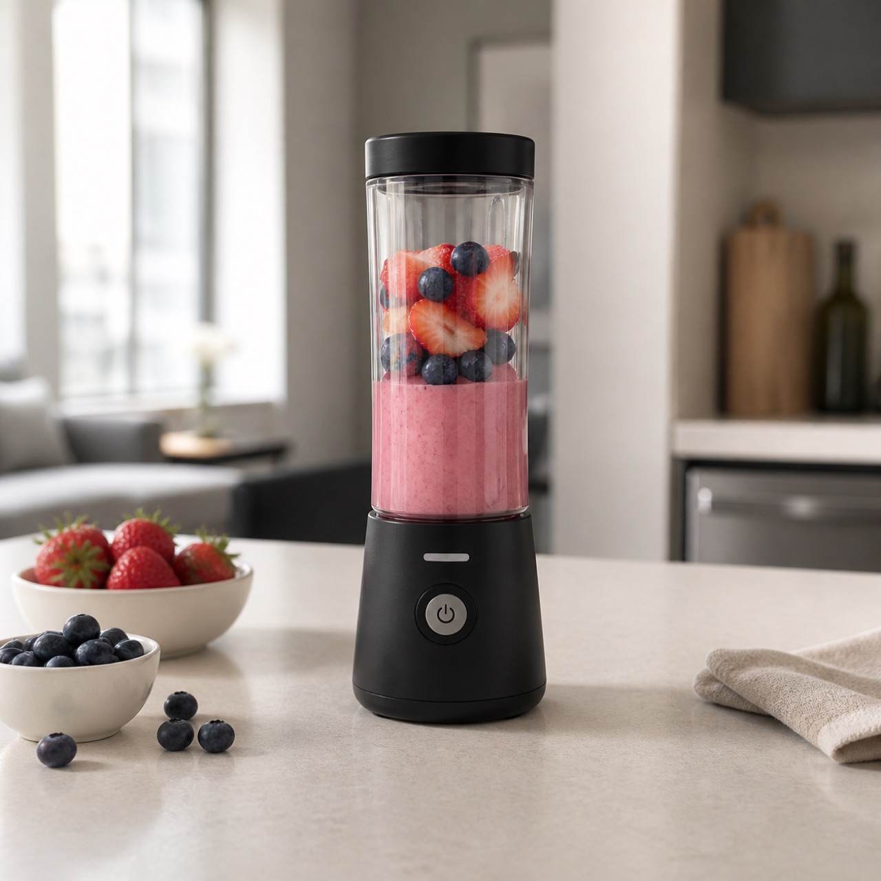 Portable cordless blender filled with berries and smoothie