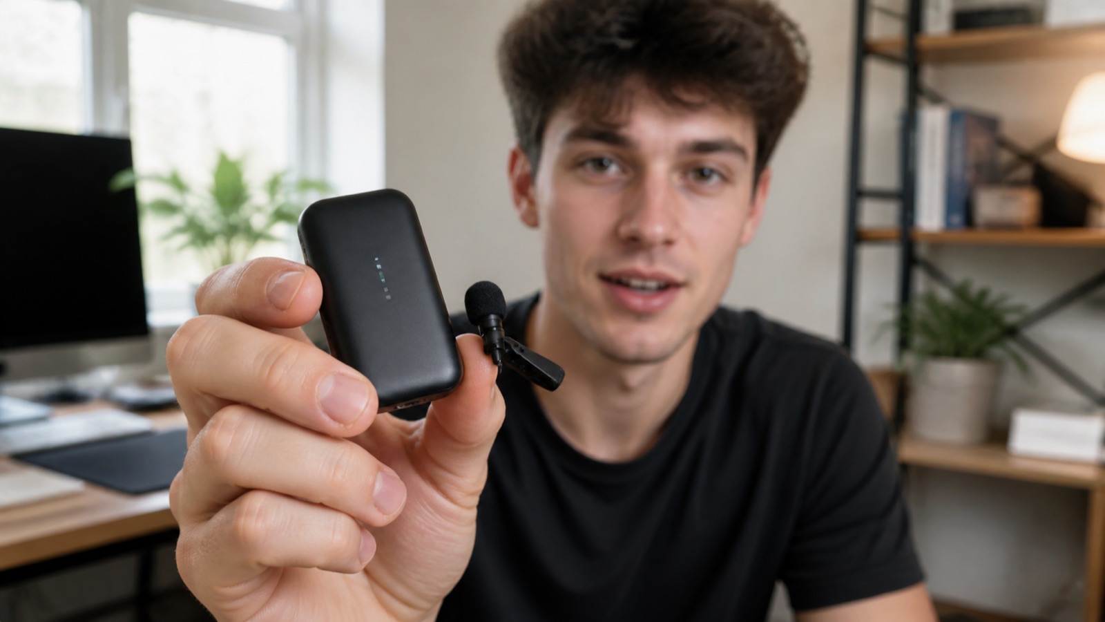 Creator demonstrating a compact wireless microphone